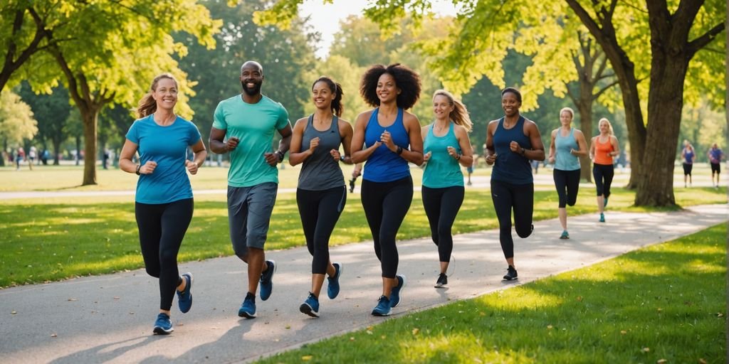 Incorporating Movement into Daily Routines. jogging, cycling, and doing yoga in a park.