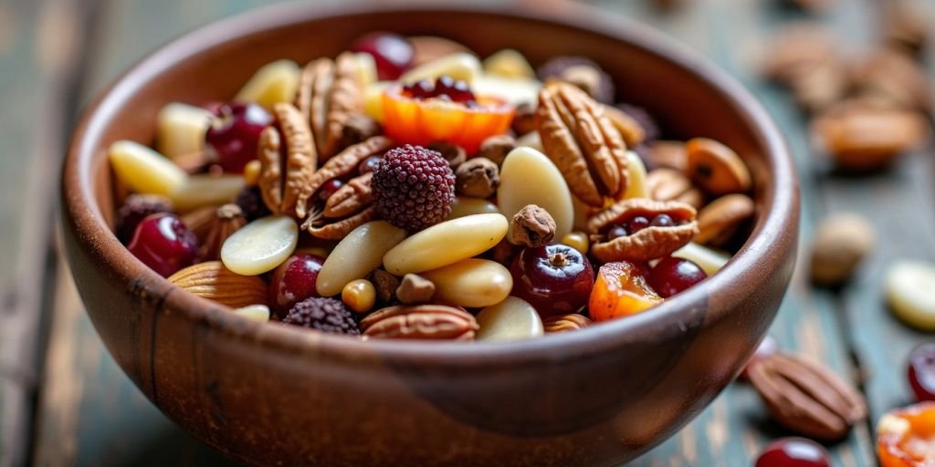 Bowl of trail mix with nuts and dried fruits. workout snack